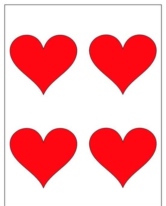 Molde de Coração para imprimir com 4 Corações vermelhos idênticos