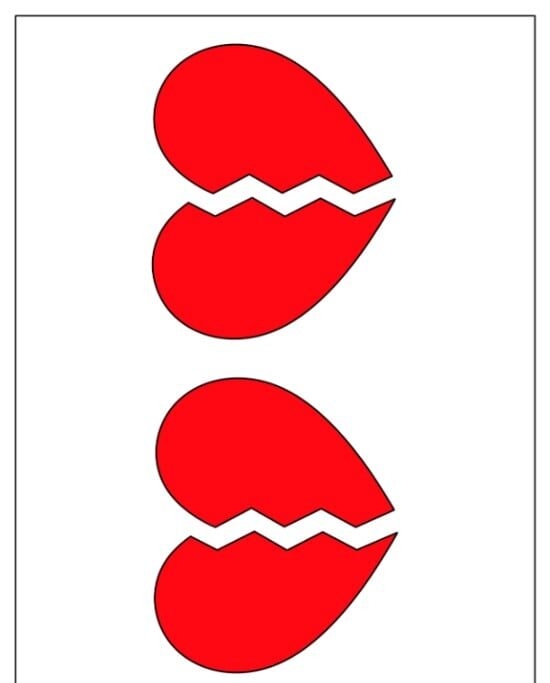 Molde de Coração Partido em Vermelho para Imprimir e Usar