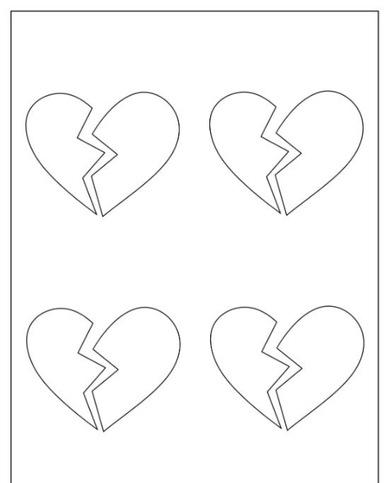 Molde de Coração Partido para Imprimir com 4 Corações Detalhados