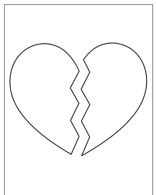 Molde de Coração Quebrado em Preto e Branco para Imprimir
