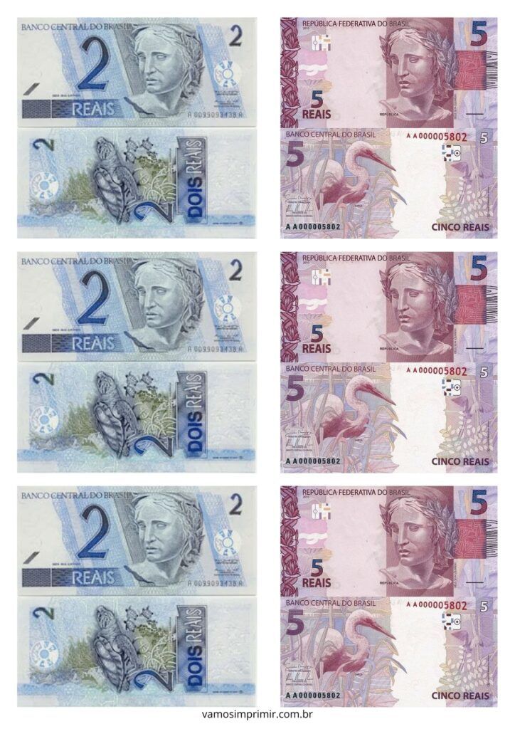 Notas de Dinheiro de Brinquedo para Imprimir: 2 e 5 Reais