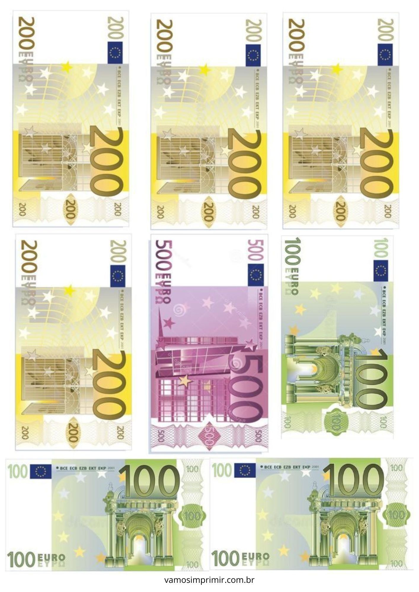 Notas de Euro de Brinquedo para Imprimir e Usar