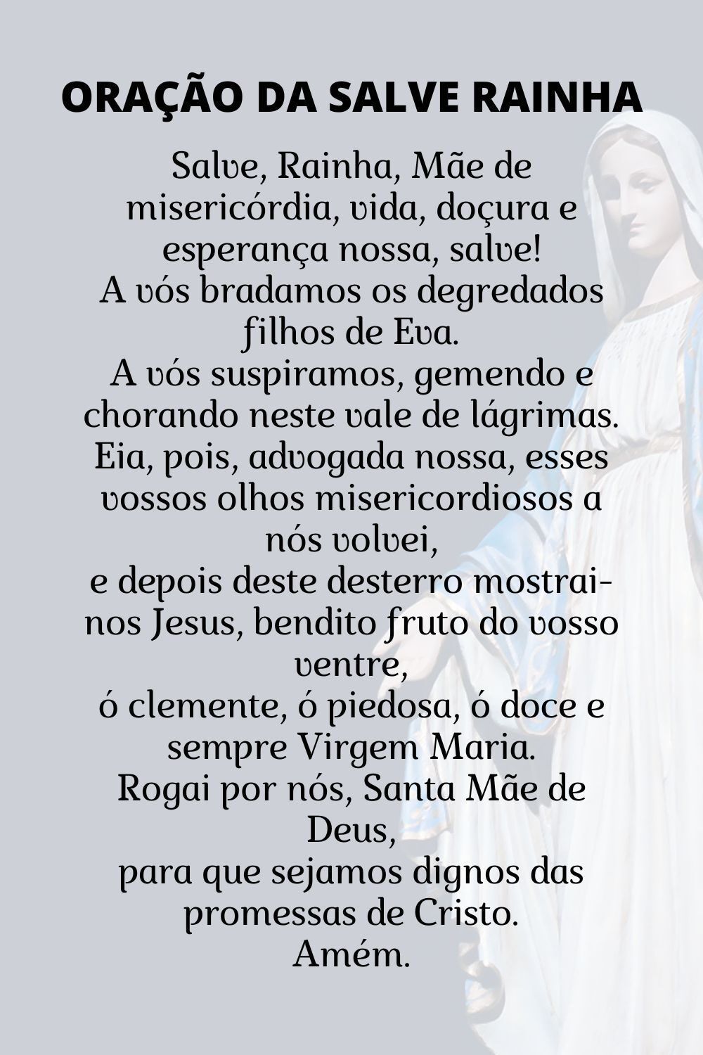 Oração Salve Rainha Completa para imprimir com estátua de Nossa Senhora