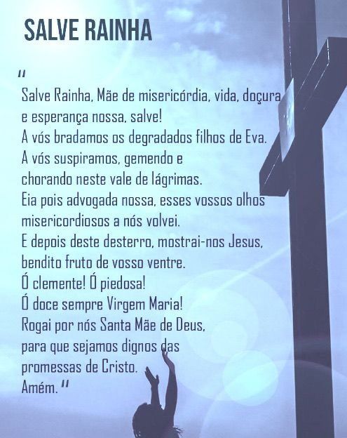 Oração Salve Rainha Completa para imprimir com fundo azul e silhueta