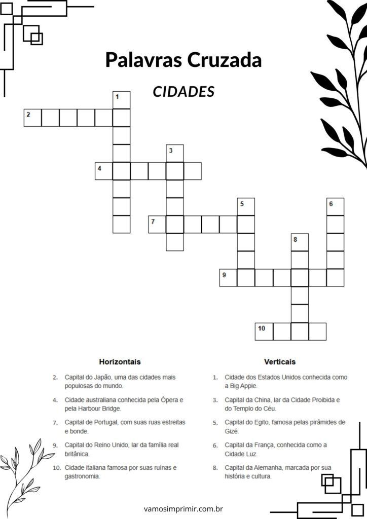 Palavras Cruzadas Cidades para Imprimir e Aprender