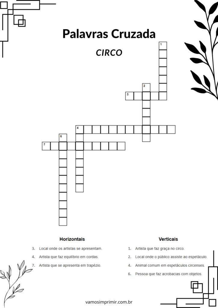 Palavras Cruzadas Circo para Imprimir e Resolver