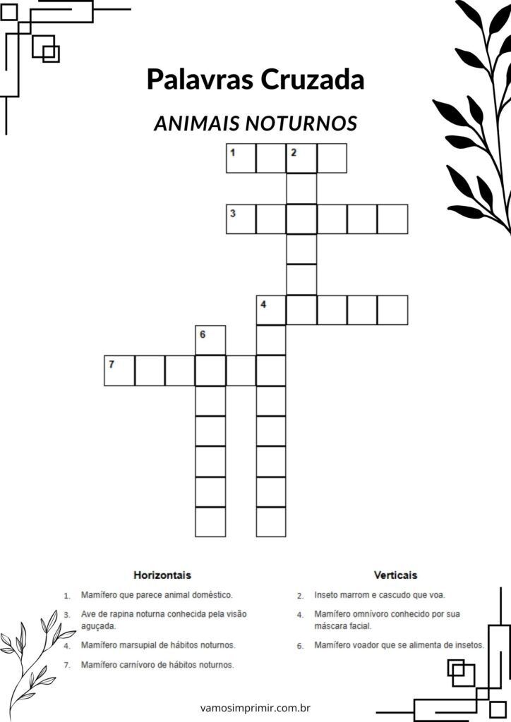Palavras Cruzadas com Tema Animais Noturnos para Imprimir