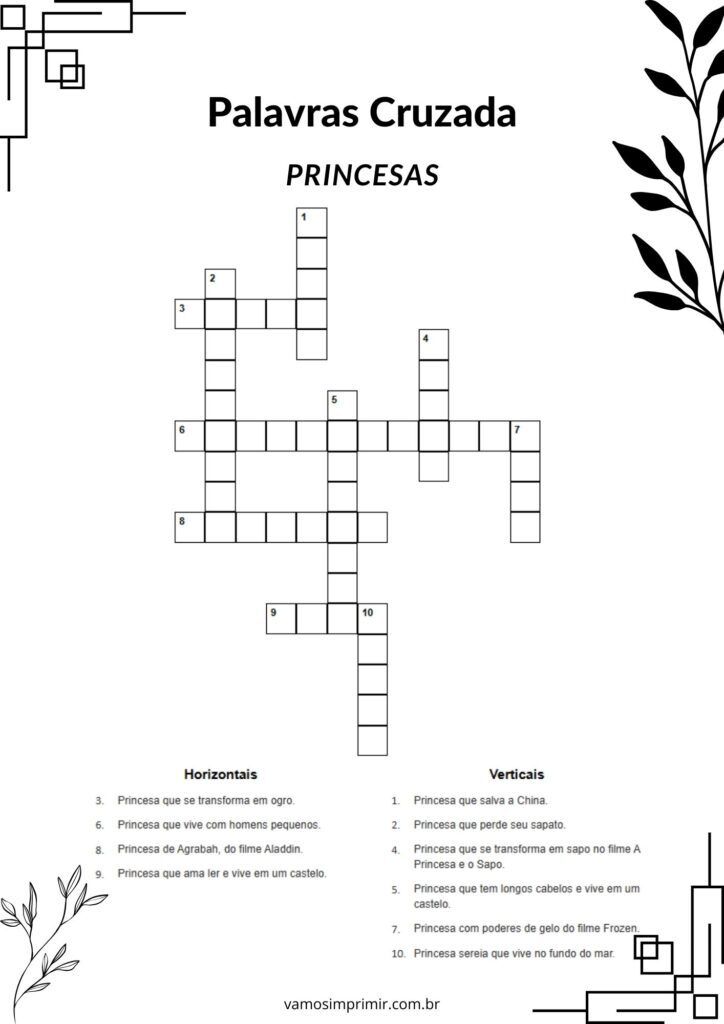 Palavras Cruzadas com Tema Princesas para Imprimir