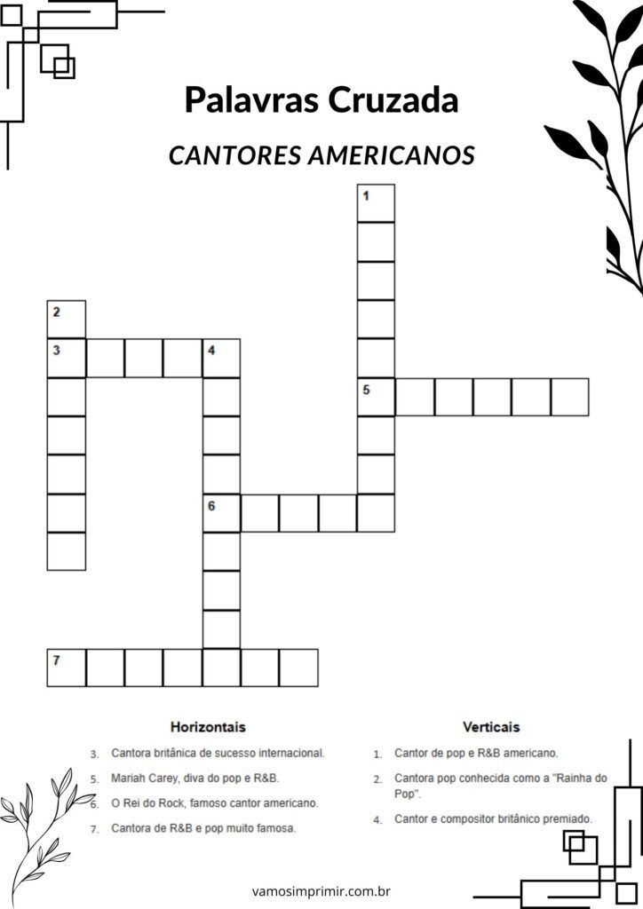 Palavras Cruzadas de Cantores Americanos para Imprimir