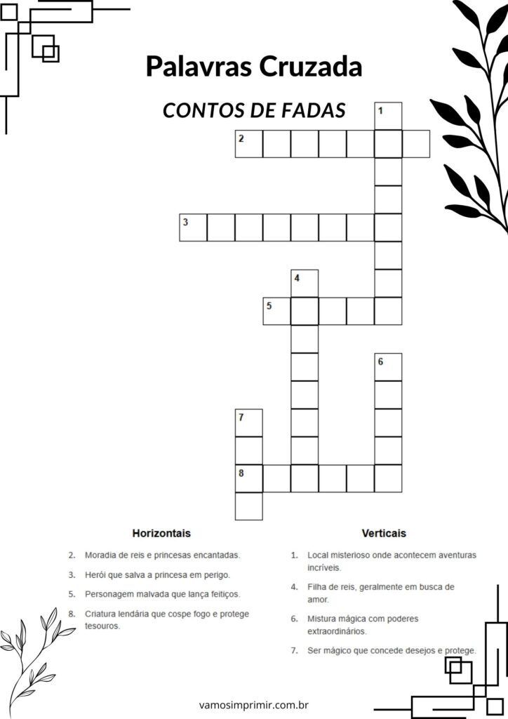 Palavras Cruzadas de Contos de Fadas para Imprimir