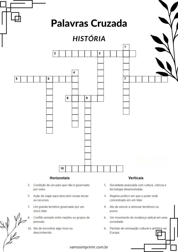 Palavras Cruzadas de História para Imprimir e Aprender