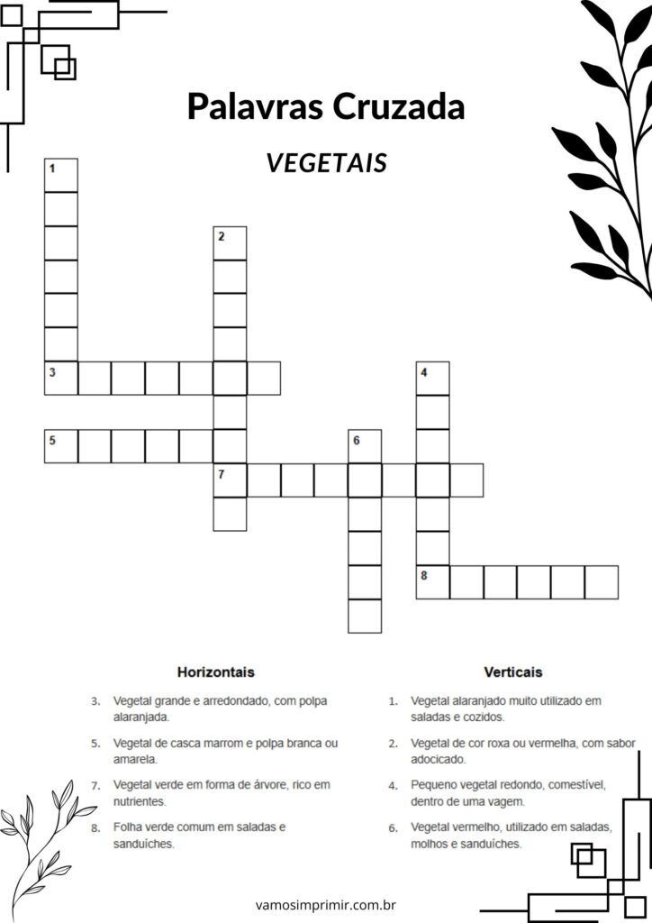Palavras Cruzadas de Vegetais para Imprimir e Diversão