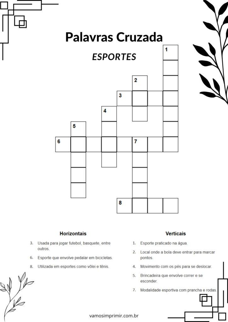 Palavras Cruzadas - Esportes para imprimir e se divertir