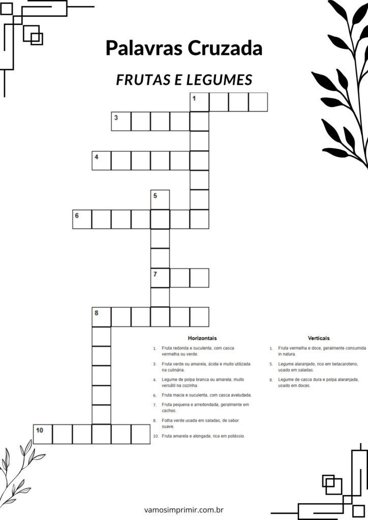 Palavras Cruzadas Frutas e Legumes para Imprimir