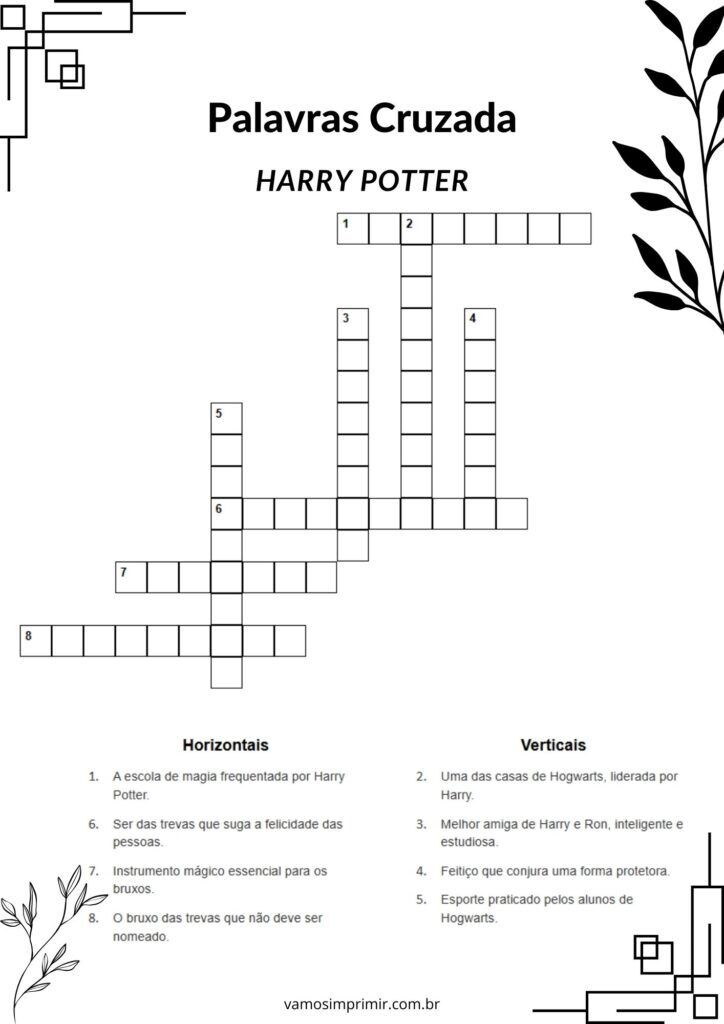 Palavras Cruzadas Harry Potter para Imprimir e Diverter
