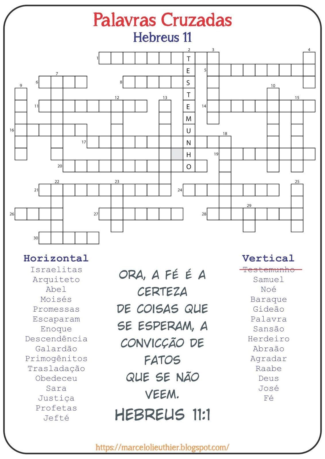 Palavras Cruzadas - Hebreus 11 para Imprimir e Resolver