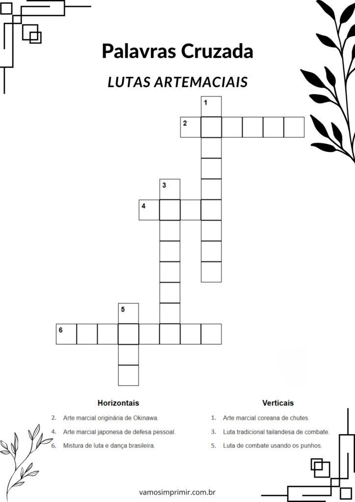 Palavras Cruzadas: Lutas Arte Marciais para Imprimir