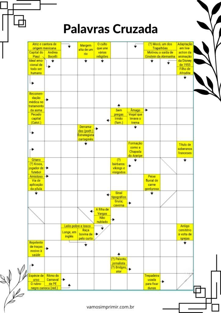 Palavras Cruzadas para Imprimir com Dicas em Amarelo