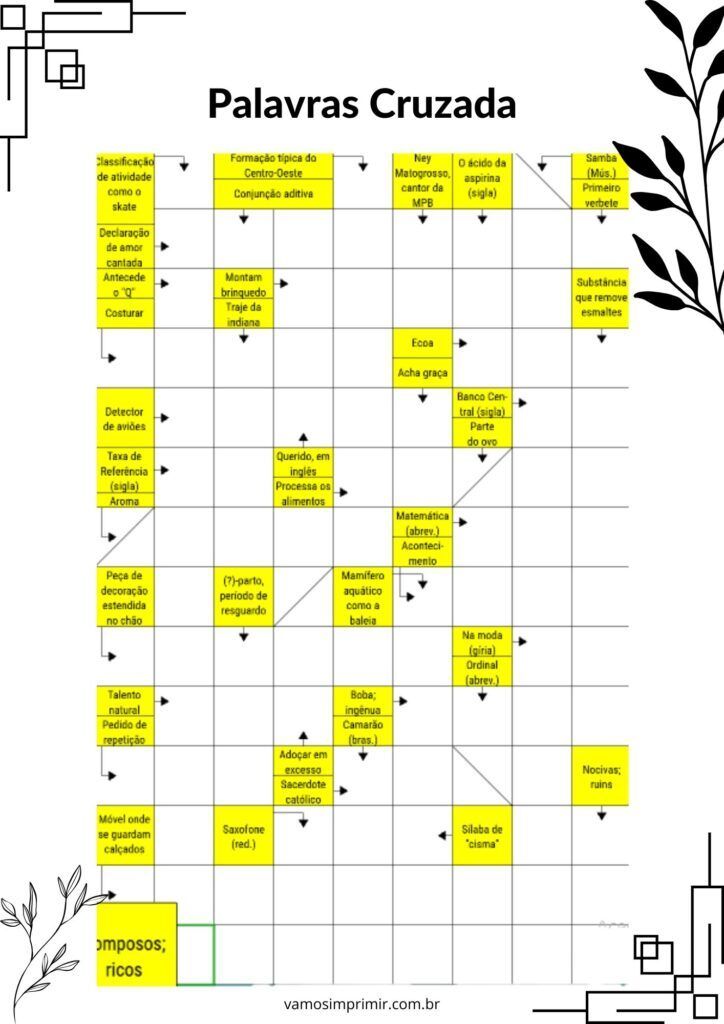 Palavras Cruzadas para Imprimir com Pistas e Decoração