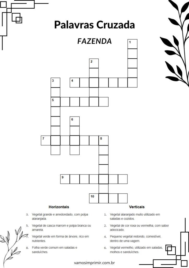 Palavras Cruzadas para Imprimir com Tema Fazenda