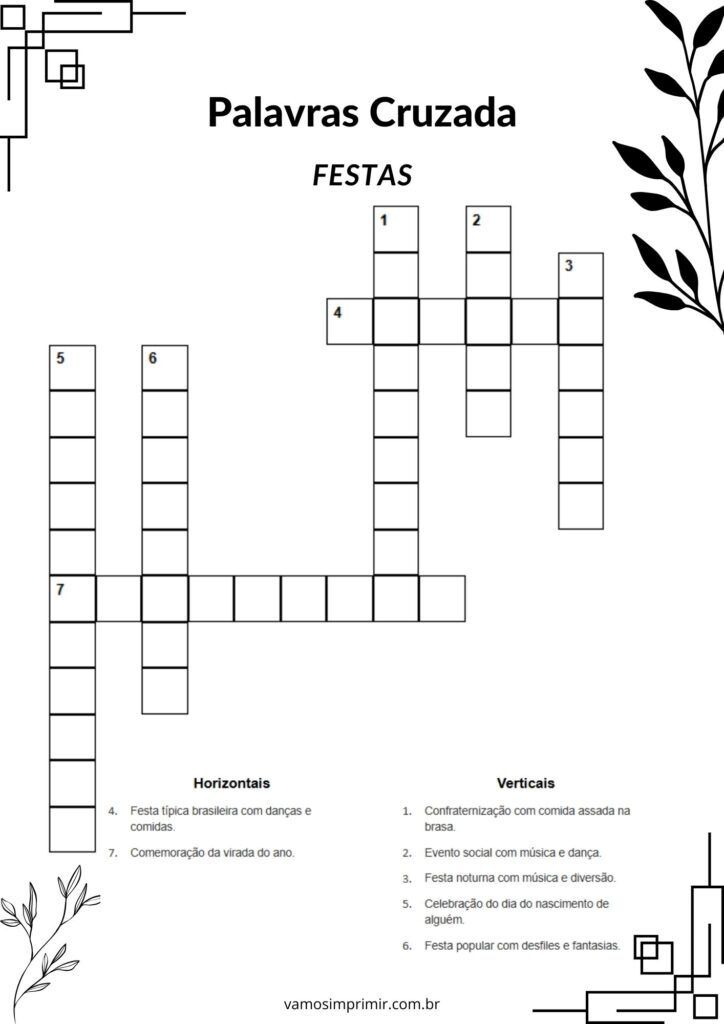 Palavras Cruzadas para Imprimir sobre Festas - Atividades Divertidas