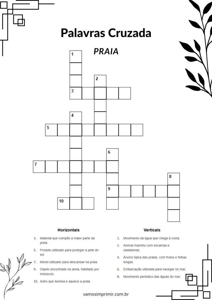 Palavras Cruzadas PRAIA - Atividades para Imprimir