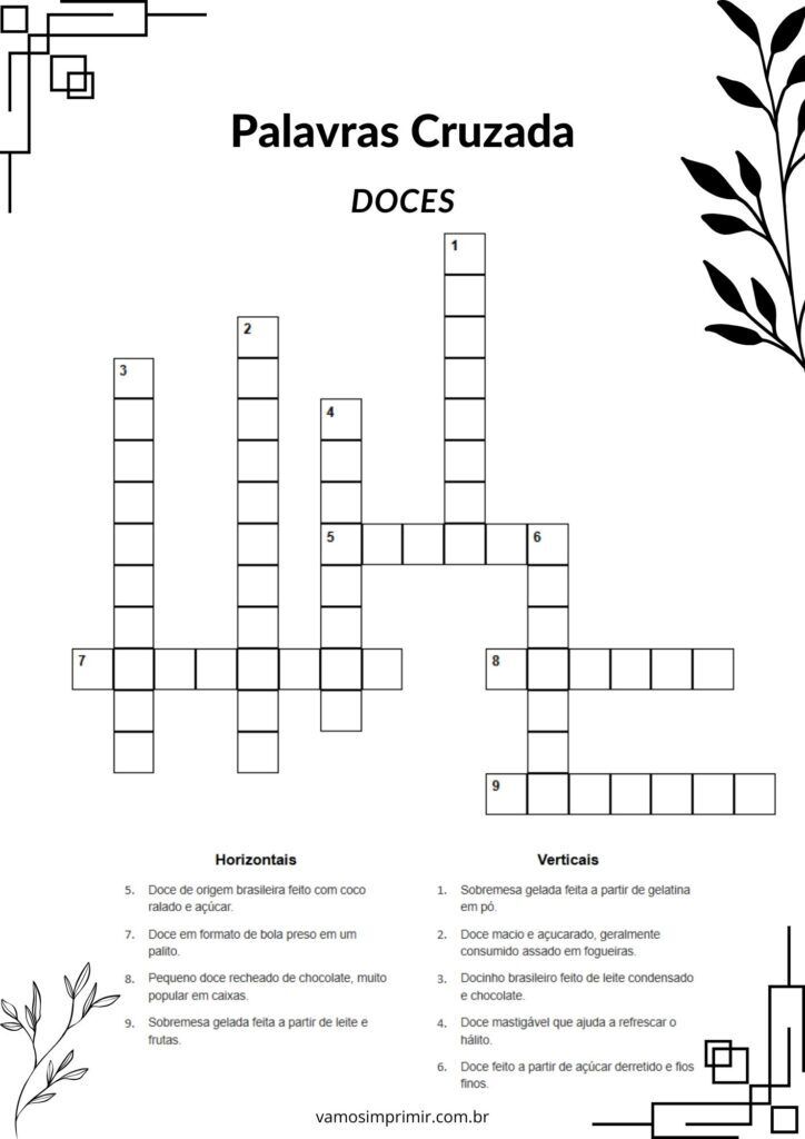 Palavras Cruzadas sobre Doces para Imprimir e Divertir