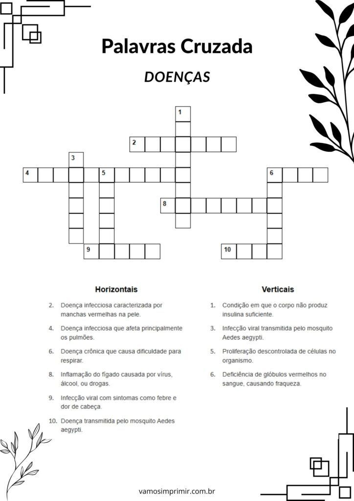 Palavras Cruzadas sobre Doenças para Imprimir e Resolver