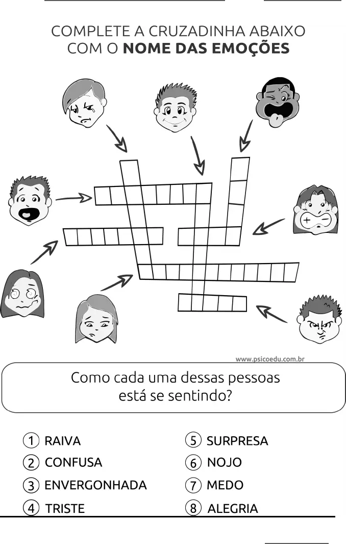 Palavras Cruzadas sobre Emoções para Imprimir