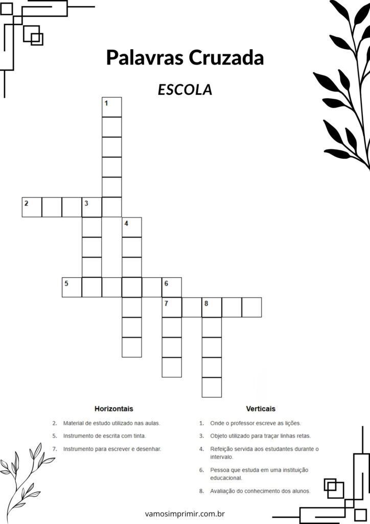 Palavras Cruzadas sobre Escola para Imprimir e Aprender