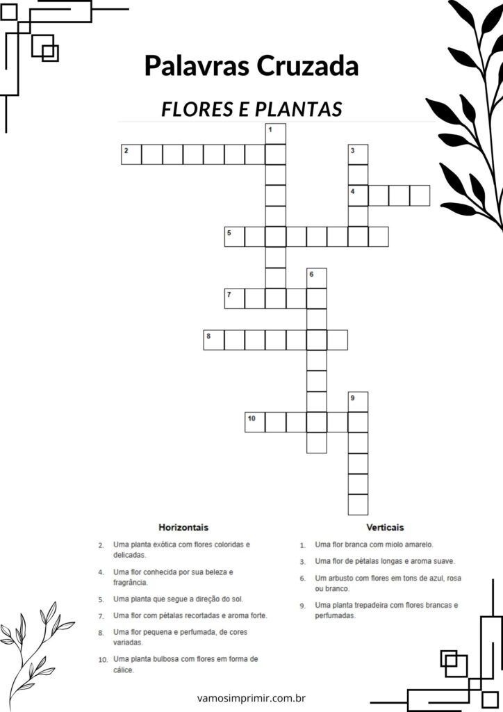 Palavras Cruzadas sobre Flores e Plantas para Imprimir