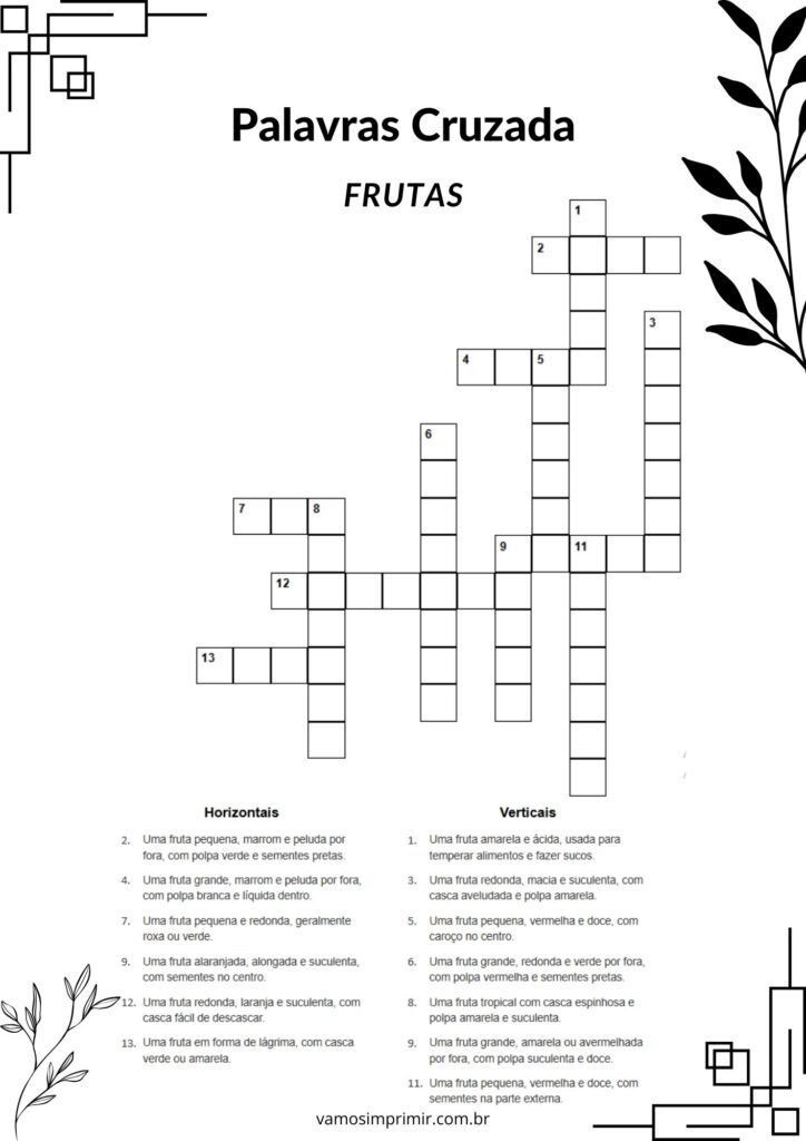 Palavras Cruzadas sobre Frutas para imprimir e se divertir