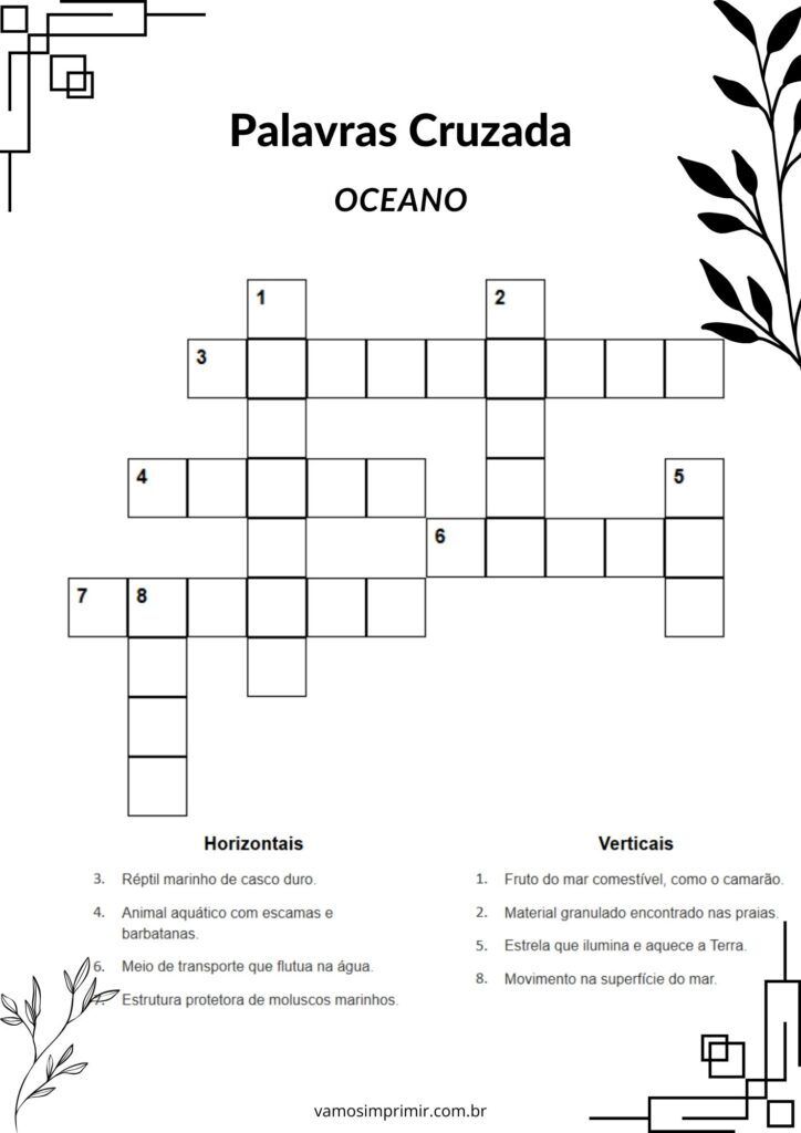 Palavras Cruzadas sobre o Oceano para Imprimir