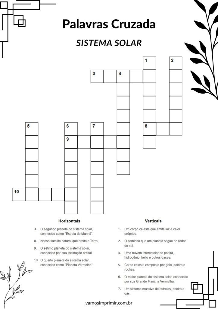 Palavras Cruzadas sobre o Sistema Solar para Imprimir