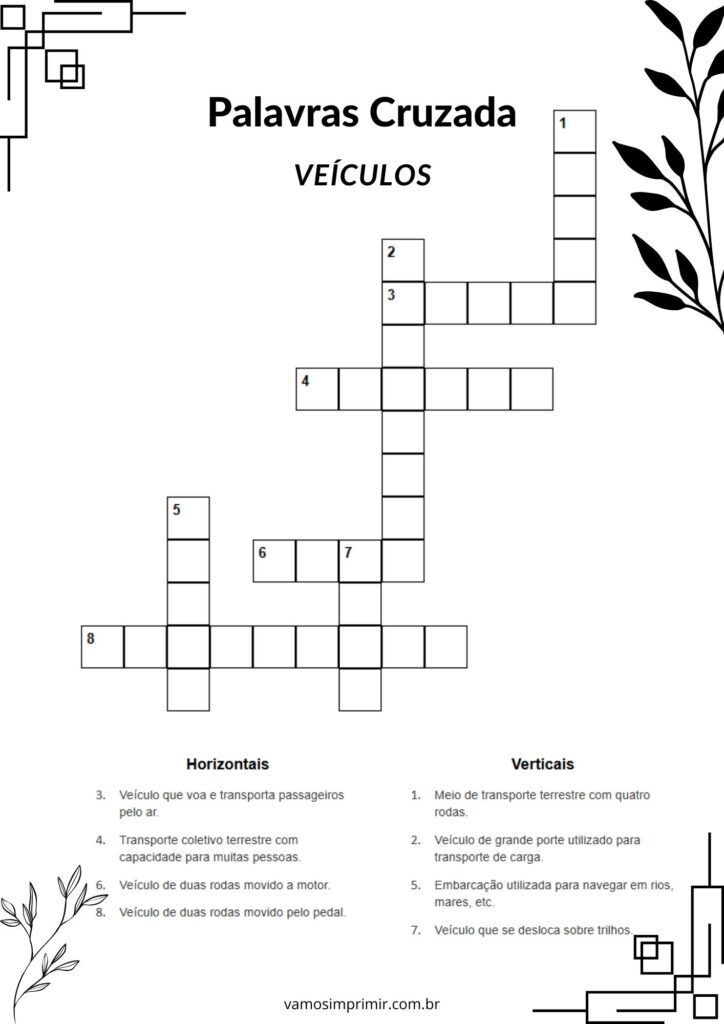 Palavras Cruzadas sobre Veículos para Imprimir