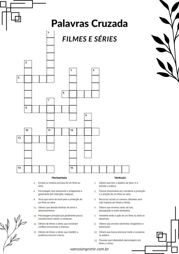 Palavras Cruzadas Temática de Filmes e Séries para Imprimir
