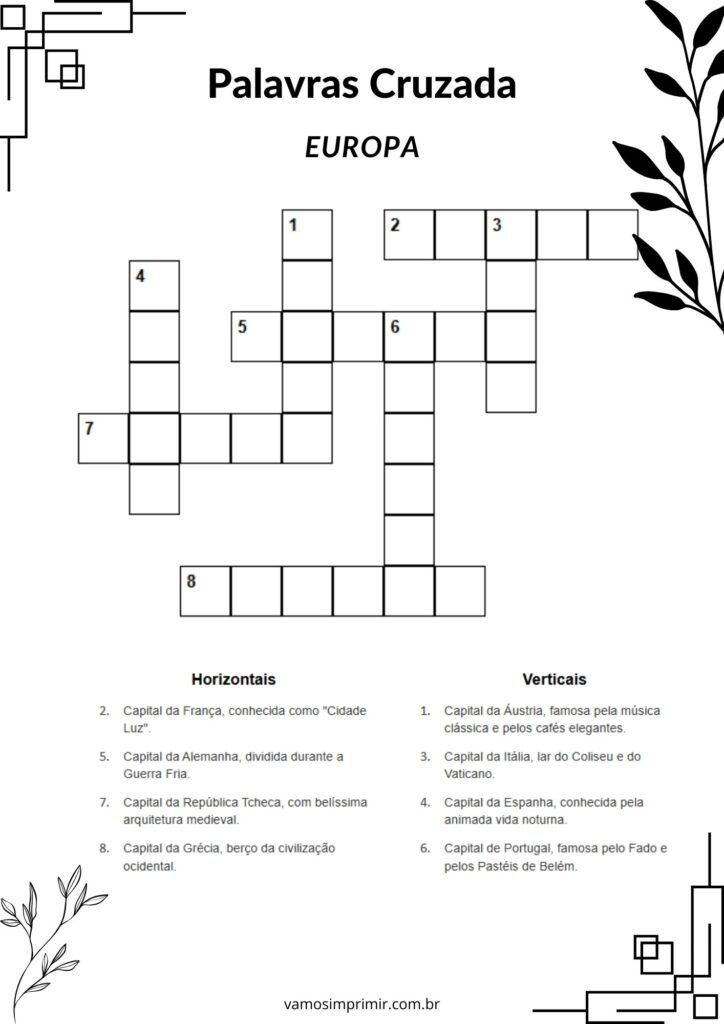 Palavras Cruzadas Temáticas sobre a Europa para Imprimir