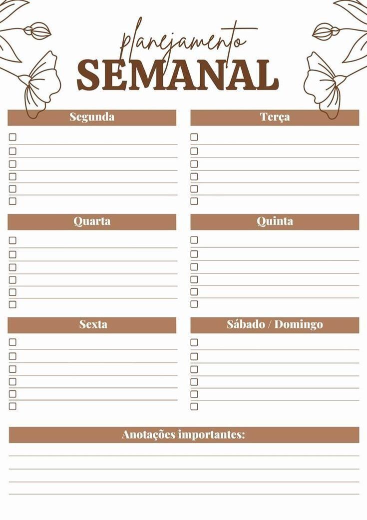 Planejamento Semanal para imprimir com organização e anotações
