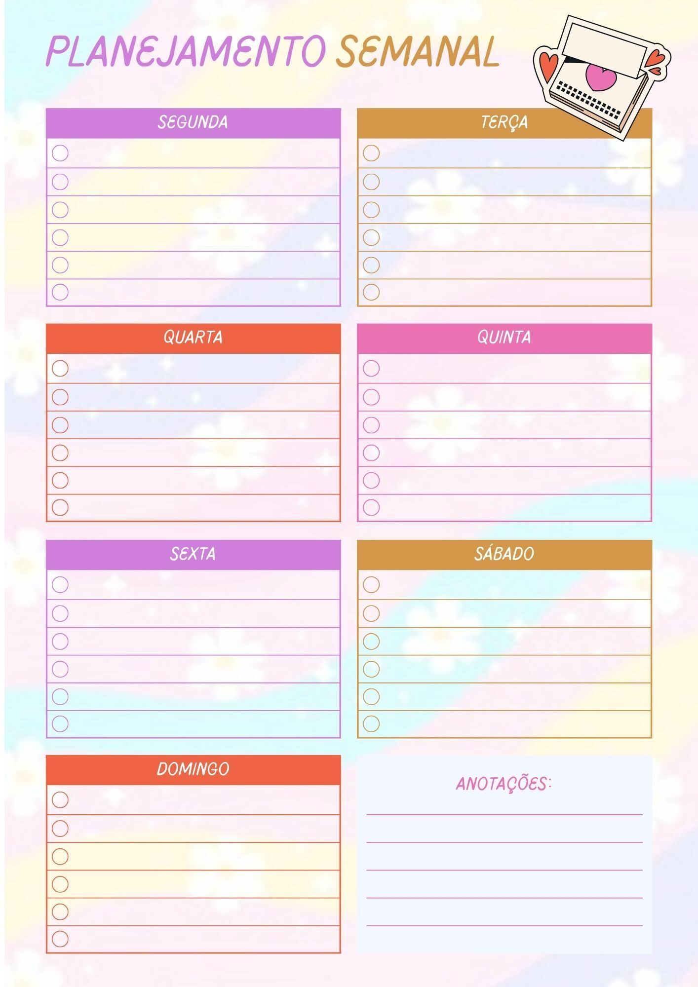 Planner Semanal colorido para imprimir com espaços organizados