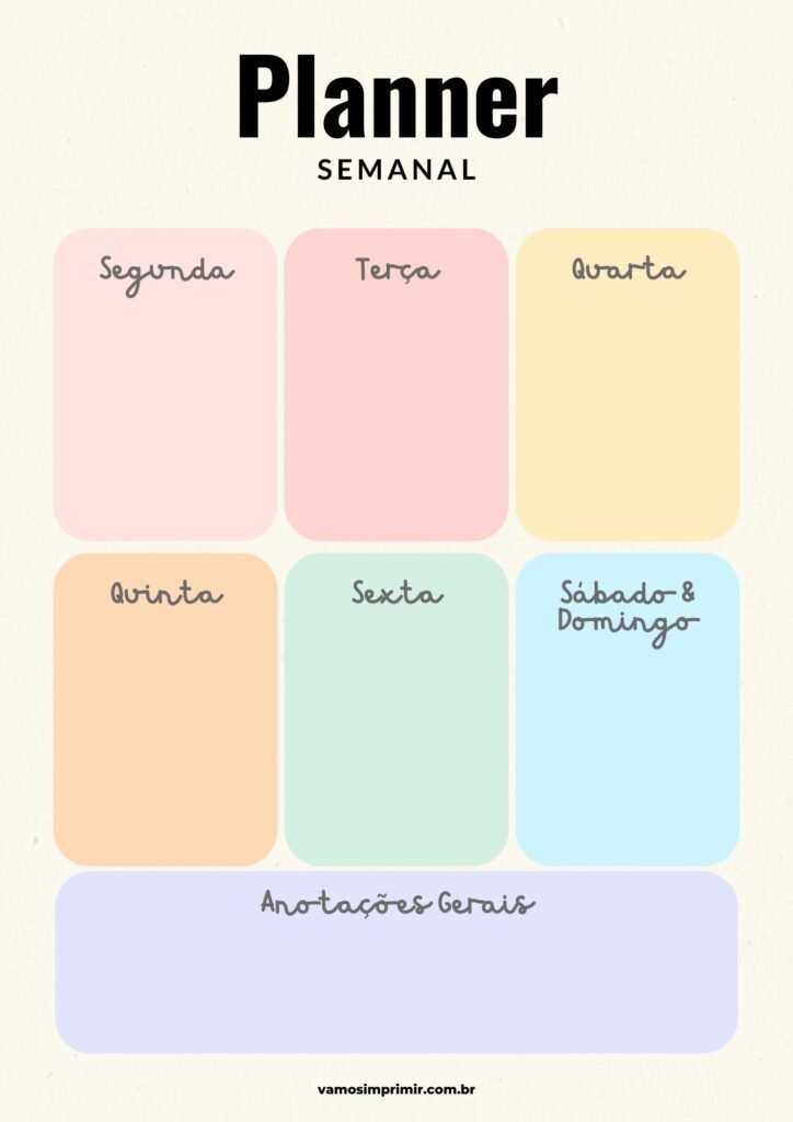 Planner Semanal Colorido para Imprimir e Organizar Tarefas