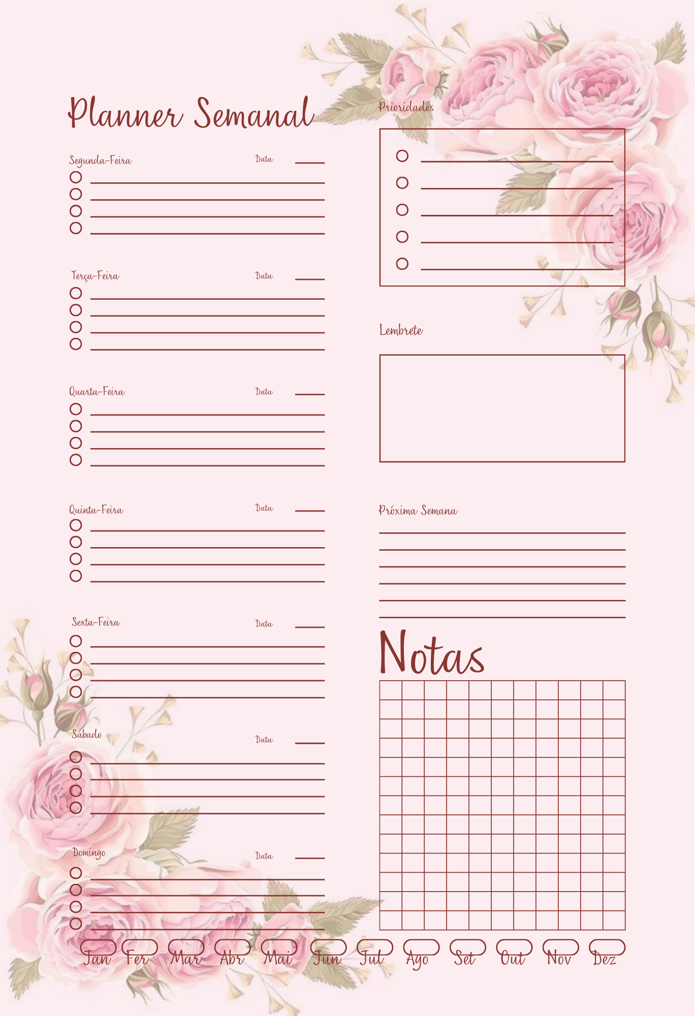 Planner Semanal Floral Rosa para Imprimir e Organizar