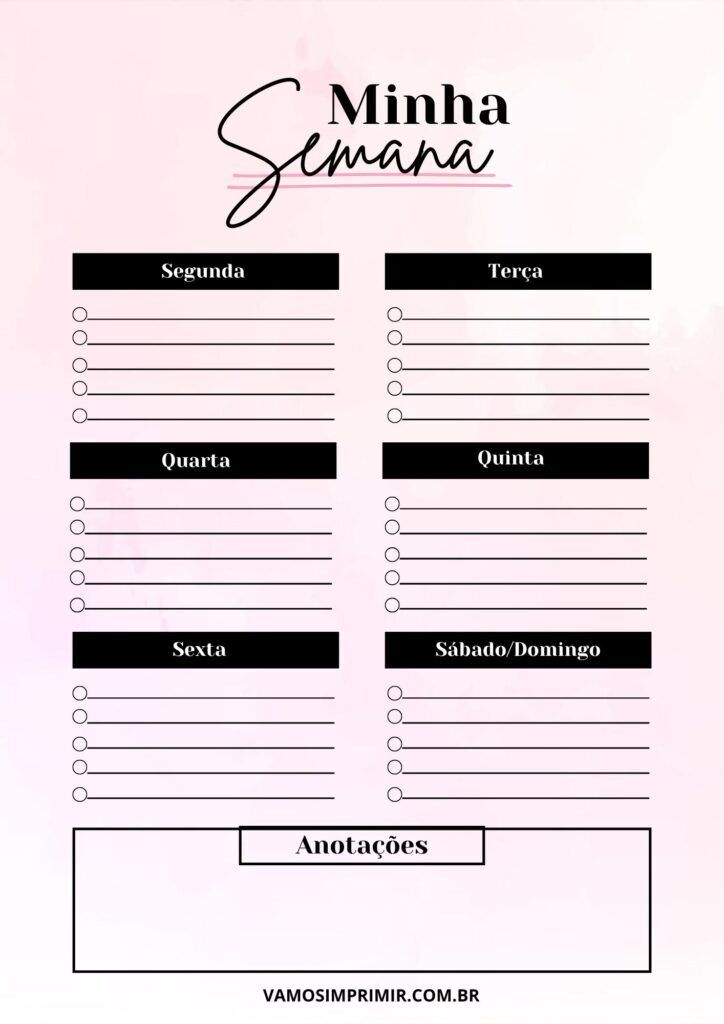 Planner Semanal para imprimir com anotações diárias