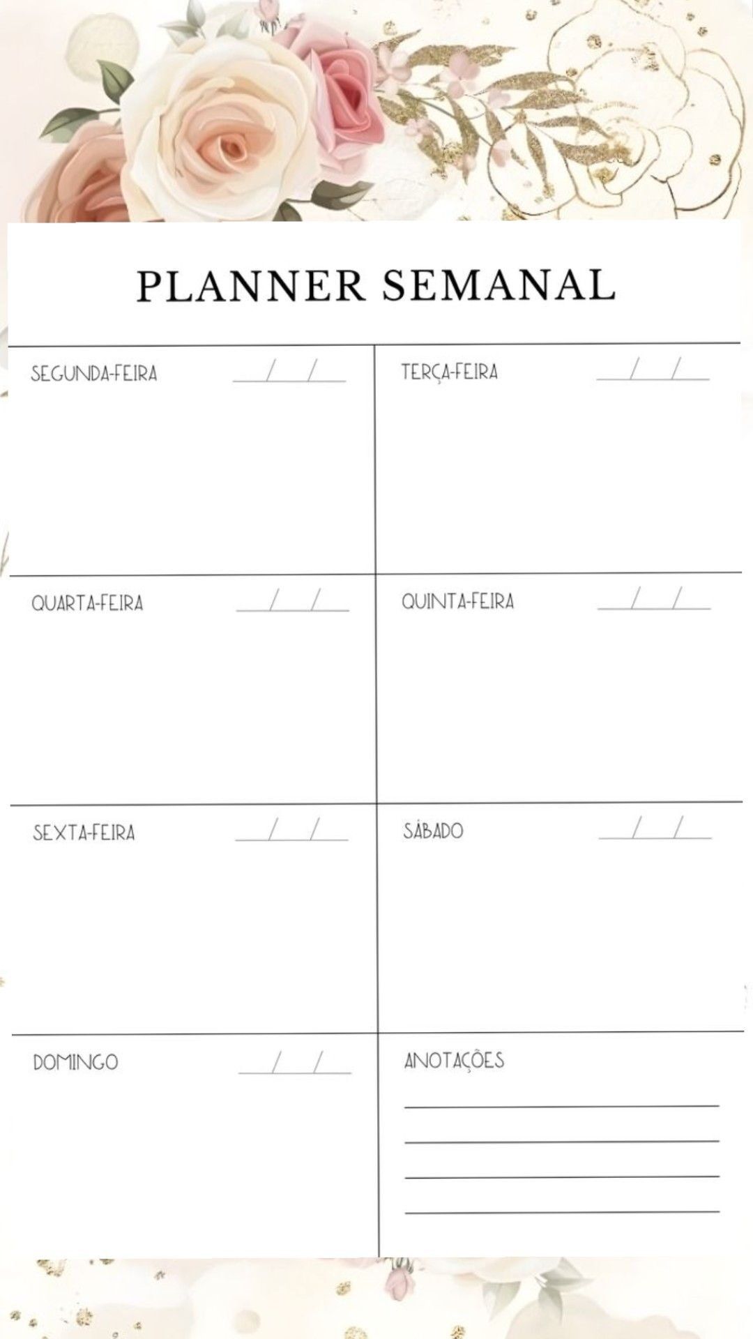 Planner Semanal para imprimir com anotações e flores
