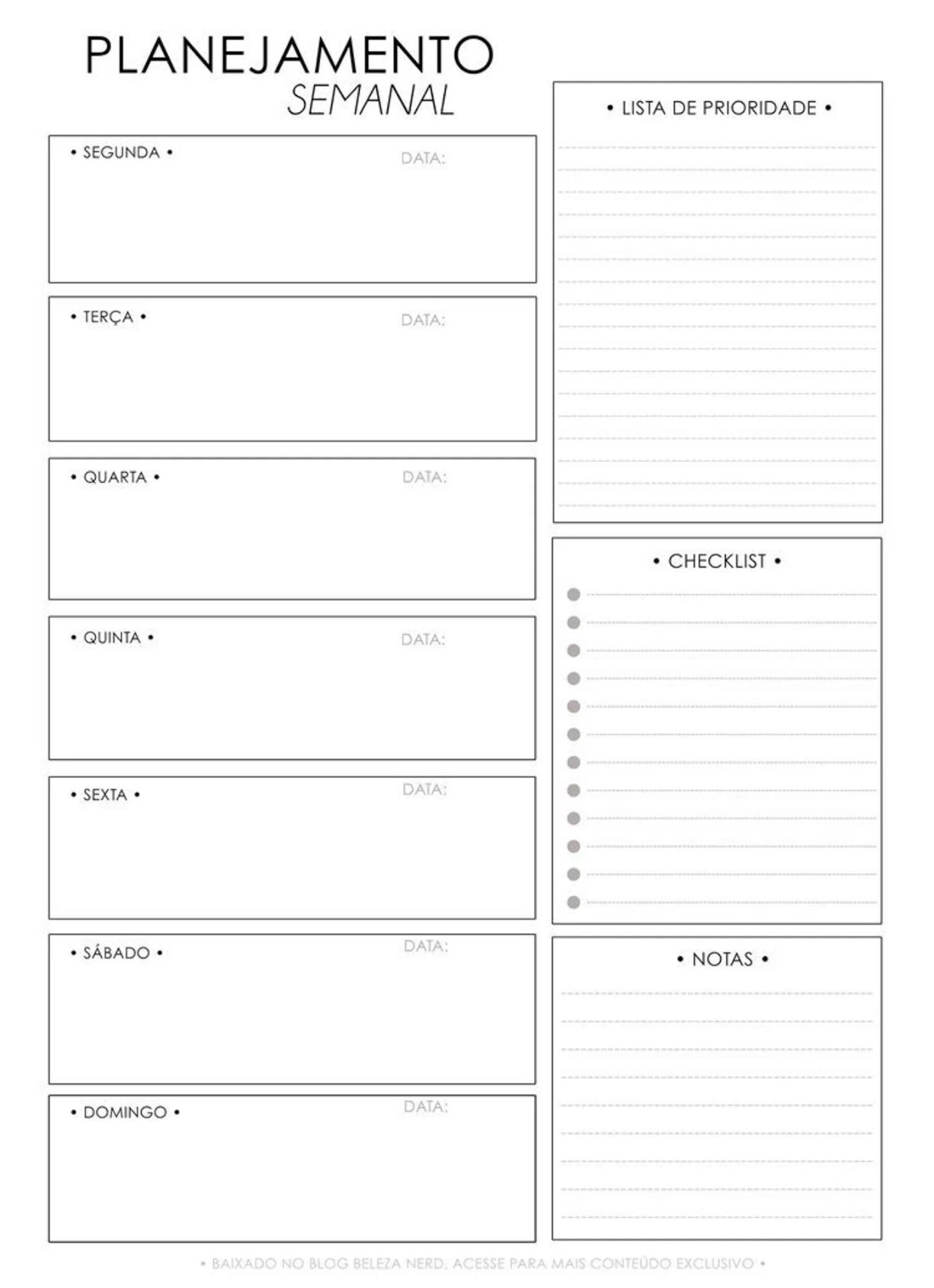 Planner Semanal para imprimir com anotações e organização