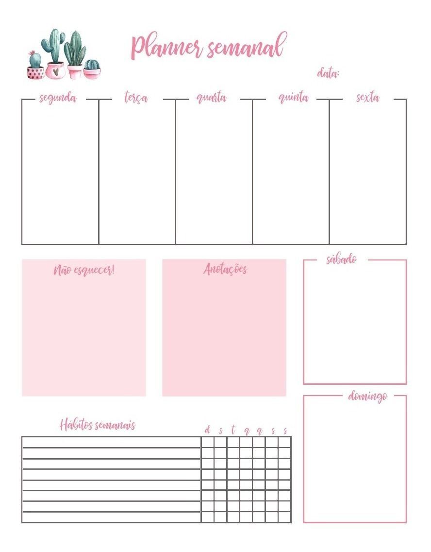 Planner Semanal para imprimir com cactos decorativos