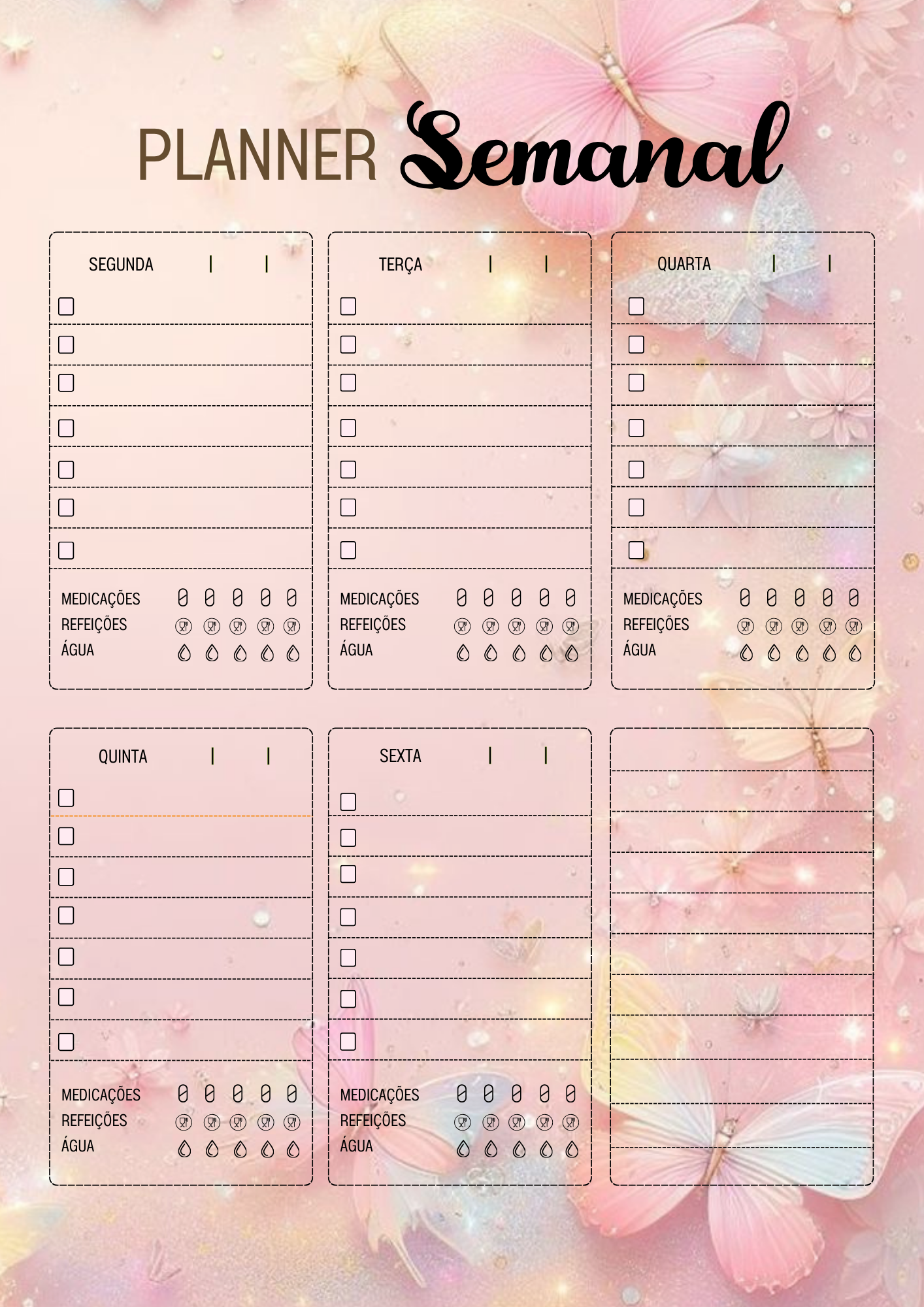 Planner Semanal para Imprimir com Decoração de Borboletas