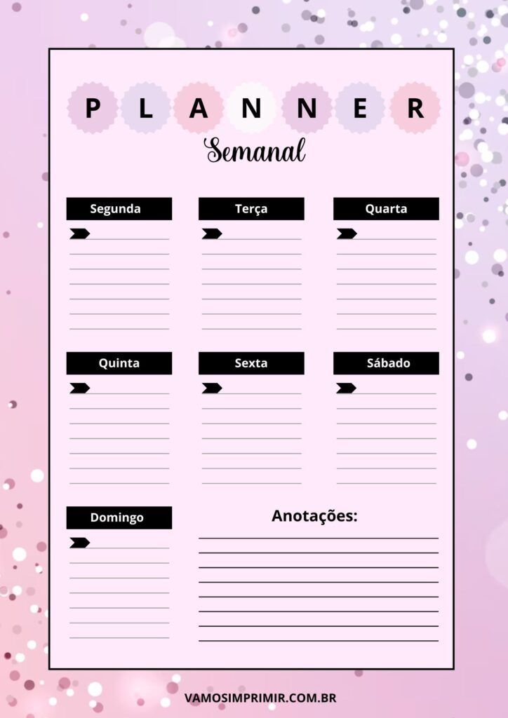 Planner Semanal para imprimir com design em rosa e lilás
