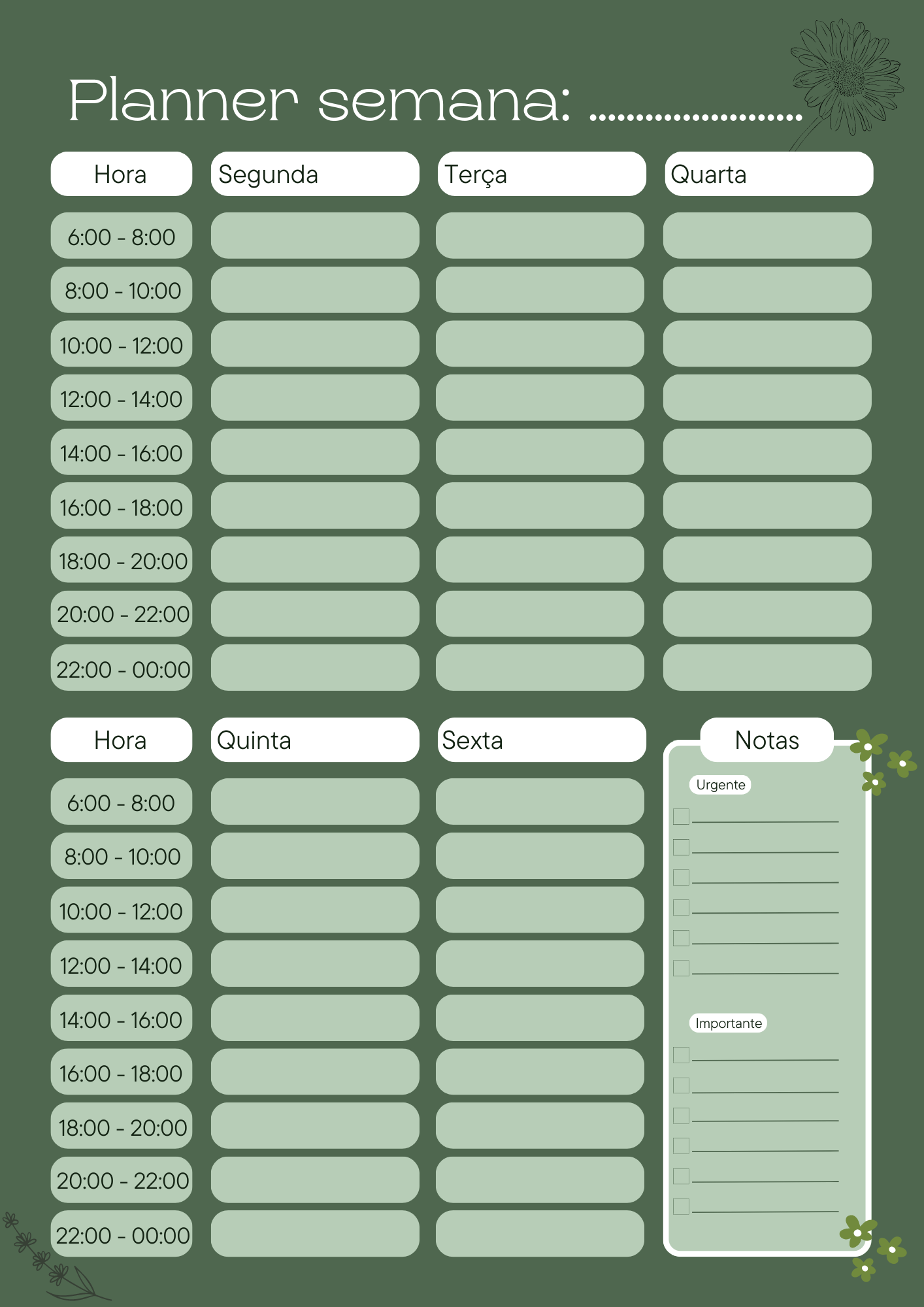 Planner Semanal para imprimir com design floral elegante