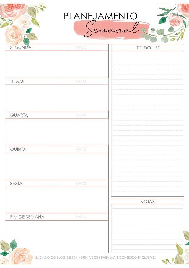 Planner Semanal para imprimir com design floral