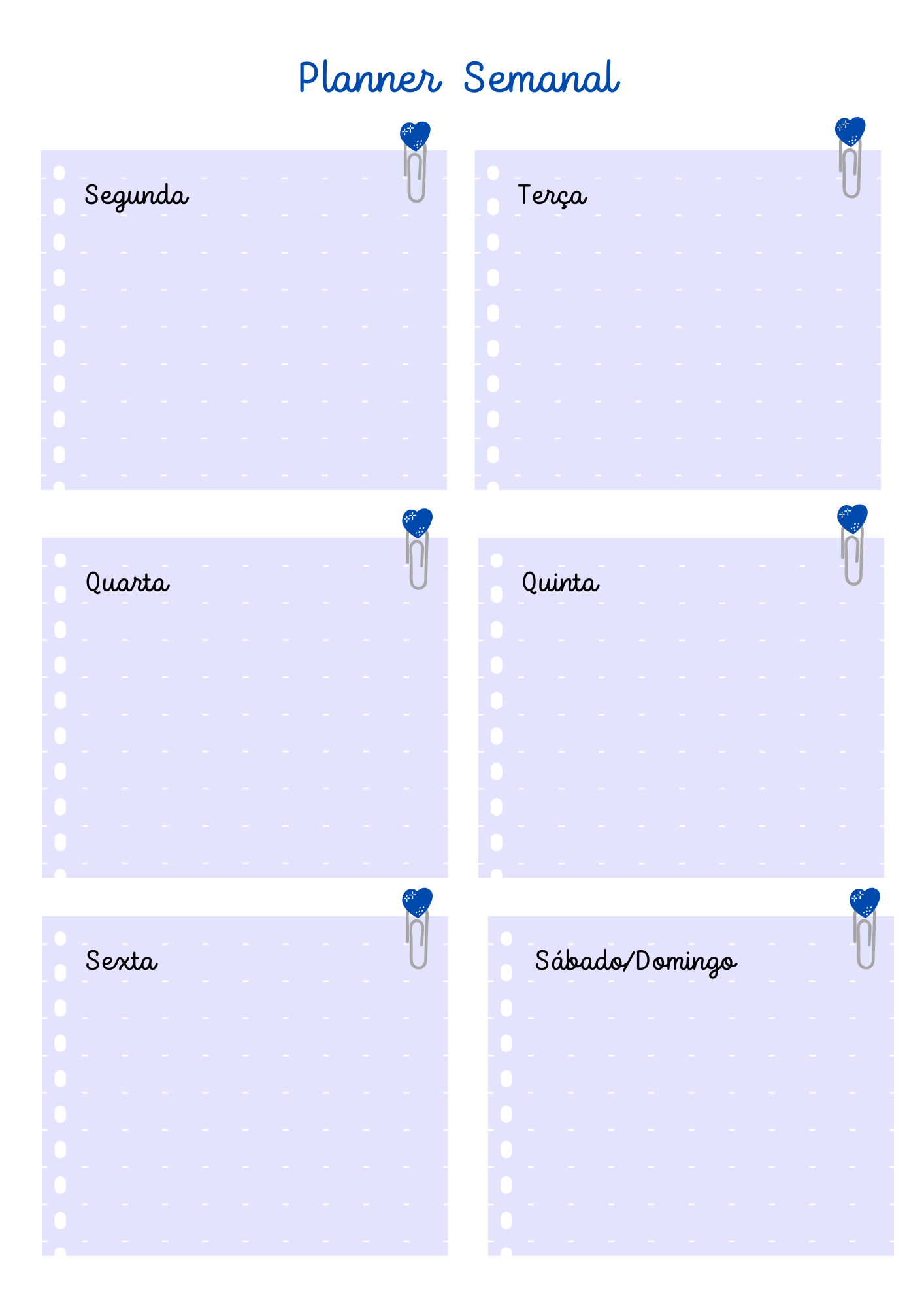 Planner Semanal para imprimir com design lilás e azul